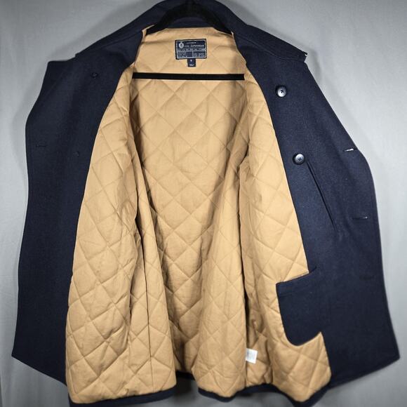 J Crew Pea Coat Mens Small Navy Wool Blend Quilted Lined Double Breasted Jacket - Picture 10 of 12